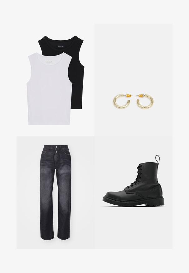 Dve brezrokavne majice v črni in beli barvi, izdelane iz rebrastega bombaža, z okroglimi izrezi in prilegajočim oblikovanjem. Oznake so vidne na obeh.; Temno moderni džins z visokim pasom, ravnim krojem nogavic, zasnovo s petimi žepi in kovinskimi gumbi. Blago je z bledim vzorcem.; Črne usnjene vojaške škornje s okroglo konico, z vezalkami spredaj in z zanko na gležnju. Imajo debele gumijaste podplate za dolgo življenjsko dobo.; Zlato tonirane obročaste uhane z gladko, zaobljeno obliko in sijočo površino. Imajo oranžne poudarke na hrbtni strani za varno zapiranje.