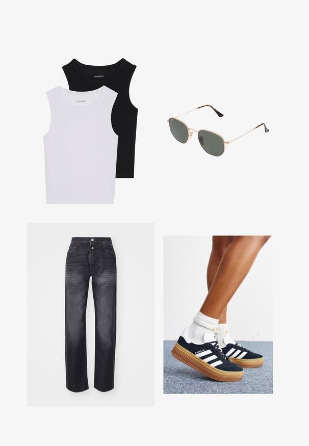 Duas blusas sem mangas em preto e branco, feitas de algodão canelado, com decotes redondos e um design ajustado. Etiquetas visíveis em ambas.; Calças de ganga escuras com cintura alta, corte reto, design de cinco bolsos e detalhes em botão de metal. Padrão desbotado no tecido.; Ténis de camurça preta com riscas e detalhes brancos, biqueira arredondada, sola em borracha cor de goma, combinados com meias brancas caneladas até à altura do tornozelo.; Óculos de sol de armação dourada com lentes verde-escuras, estilo aviador, apresentando hastes finas e detalhes em tartaruga nas pontas.