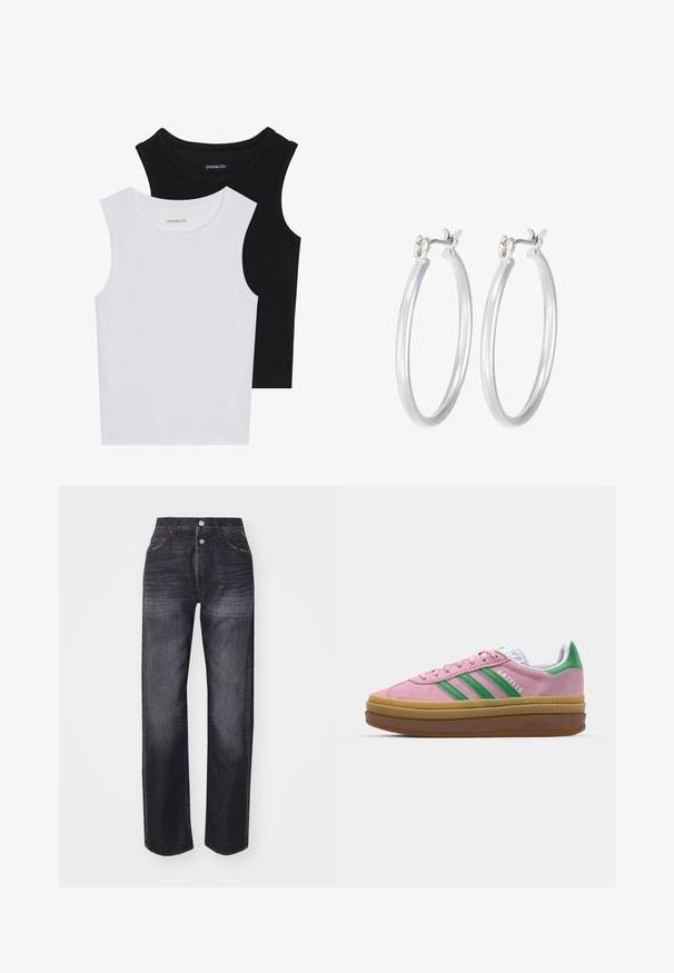 Dvě bezramínková trička v černé a bílé barvě, vyrobená z žebrované bavlny, s kulatými výstřihy a přiléhavým střihem. Obojí má viditelné štítky.; Tmavé džíny s vysokým pasem, rovný střih nohavic, design se pěti kapsami a detaily z kovových knoflíků. Na látce je vybledlý vzor.; Růžové semišové tenisky se zelenými pruhy, bílými akcenty a hnědou gumovou podrážkou. Mají strukturovanou tkaninu a detail s logem na boku.; Stříbrné kruhové náušnice s hladkým, lesklým povrchem. Kulatý tvar a bezpečné zapínání na klip. Lehký design vhodný pro každodenní nošení.