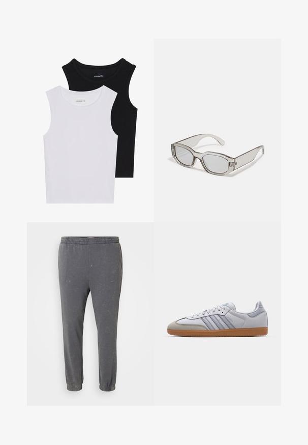 Két ujjatlan felső fekete és fehér színben, bordás pamutból készült, kerek nyakkivágással és testhez simuló fazonnal. Mindkettőn látható címke.; Szürke, puha anyagú melegítőnadrág, rugalmas derékkal. Fokozatosan szűkülő szárak és derekasan szabott szegések, az egész anyagon finom, kopott hatású textúrával.; Fehér bőr sportcipők világoskék részletekkel, szürke velúr orral és barna gumitalppal. Három kék csíkkal és "Samba" felirattal rendelkezik.; Szürke áttetsző napszemüveg, téglalap alakú, lapos lencsékkel és vastag szárakkal. Finom fém részlet található a szemüveg templomain.