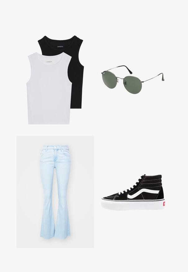 Dve brezrokavne majice v črni in beli barvi, izdelane iz rebrastega bombaža, z okroglimi izrezi in prilegajočim oblikovanjem. Oznake so vidne na obeh.; Svjetloplave traperice s visokim strukom i proširenim nogavicama, sa prednjim džepovima i zatvaranjem na dugme.; Črne visoke superge z belimi vezalkami, belim logotipom in kontrastnim belim šivom. Imajo debel bel podplat in teksturirano usnje.; Sončna očala z ovalnimi zelenimi lečami v kovinskem okvirju. Tanjši srebrni kovinski okvir in črne ušesne konice. Minimalistična zasnova, brez vidnih logotipov.