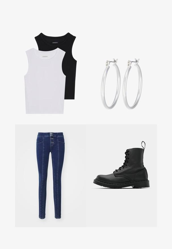 Divas bez piedurknēm melnbaltā krāsā, izgatavotas no ribotu kokvilnas, ar apaļām kakla izgriezumiem un pieguļošu dizainu. Uz abām ir redzami etiķetes.; Tumši zili džinsi ar augsto vidukli, piecu pogu aizdari, divām priekšējām kabatām un slaidu piegriezumu. Gluda tekstūra.; Melnas ādas kaujas zābaki ar apaļu purngalu, auklām priekšā un cilpu potītes daļā. Iespējojums ir biezs gumijas zolei, kas nodrošina izturību.; Sudraba riņķveida auss gredzeni ar gludu, pulētu apdari. Apaļa forma un drošs klikšķa augšējais slēgums. Viegls dizains, kas piemērots ikdienas valkāšanai.