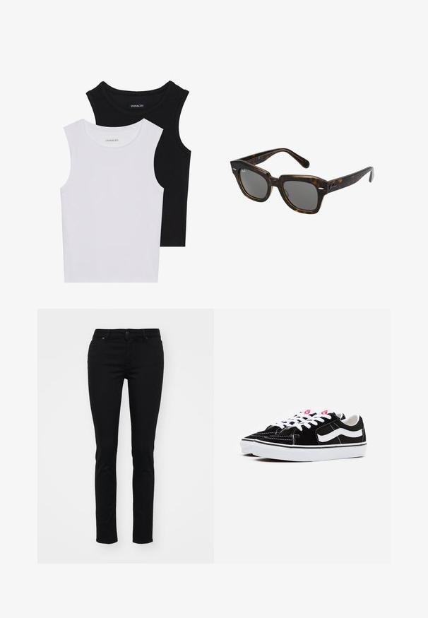 Két ujjatlan felső fekete és fehér színben, bordás pamutból készült, kerek nyakkivágással és testhez simuló fazonnal. Mindkettőn látható címke.; Fekete farmer skinny farmerek sima textúrával, öt zsebes dizájnnal, övhurkokkal, gombos záródással, és nincs látható minta vagy díszítés.; Fekete velúr sneaker fehér fűzőkkel, kiemelkedő fehér oldalsó csíkkal és fekete gumitalppal, amely kontrasztos varrási részletekkel rendelkezik.; Négyzet alakú napszemüveg teknős mintás műanyag kerettel, sötét lencsékkel és ezüst díszítőelemekkel az oldalán. Olaszországban készült.