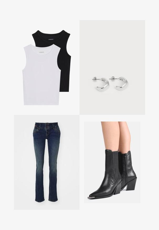 Duas blusas sem mangas em preto e branco, feitas de algodão canelado, com decotes redondos e um design ajustado. Etiquetas visíveis em ambas.; Jeans de azul escuro com um corte slim, apresentando uma cintura de botão duplo, cinco bolsos e uma textura ligeiramente desbotada nas coxas.; Botas de cowboy de couro preto até à meia-perna com pontas afiadas, saltos empilhados, fecho lateral e costura decorativa, usadas com as pernas nuas.; Brincos de argola de prata com um acabamento liso e polido. Forma redonda com um design ligeiramente curvado e bordas suavizadas. Fecho de pino.