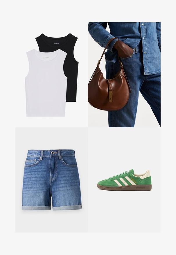 Dva majica bez rukava u crnoj i bijeloj boji, izrađene od rebrastog pamuka, s okruglim izrezima i prianjajućim dizajnom. Oznake su vidljive na obje.; Denimske šorce u izblijedjelo plavoj boji s preklopom na rubu. Imaju patentni zatvarač, prednje džepove i suptilnu teksturu. Dugme za zatvaranje u struku.; Zeleni antilop tenisice s bijelim dizajnom od tri pruge, kremastim detaljima i smešnim teksturiranim đonom. "SPEZIAL" izvezen zlatnim koncem sa strane.; Smeđa kožna hobo torba zaobljenog oblika, sa zlatnim metalnim detaljima i kontrastnim šavovima. Uparena s traper košuljom i trapericama.