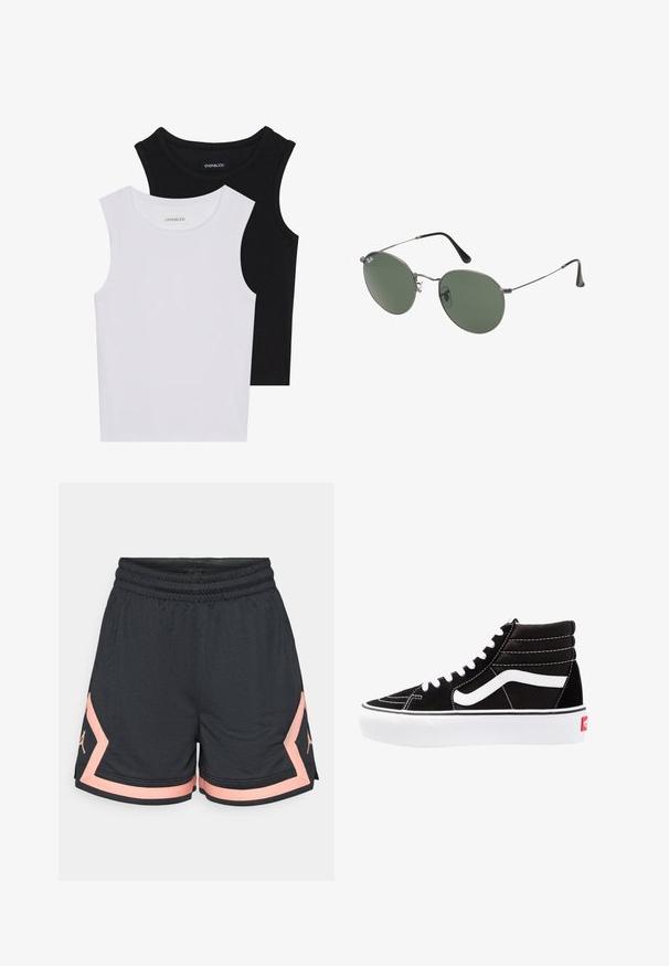 Two sleeveless tops in black and white, made of ribbed cotton, featuring round necklines and a fitted design. Labels visible on both.; Black athletic shorts with textured fabric, elastic waistband, and pink accents. Features a logo on the side in matching pink.; Black high-top sneakers with white laces, a white logo, and contrasting white stitching. Features a thick white sole and textured suede upper.; Metal-framed sunglasses with oval green lenses. Thin silver metal frame and black ear tips. Minimalist design, no visible logos.