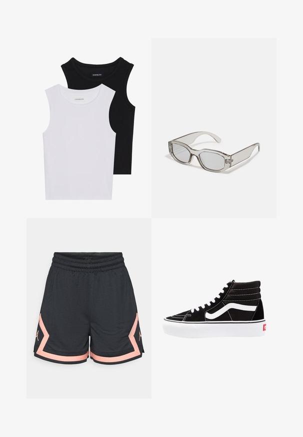 Kaks lühikeste varrukateta toppi mustas ja valges, valmistatud ribakudumist, ümarate kaelustega ja sobiva disainiga. Mõlemal on nähtavad sildid.; Mustakateeritud spordilühikesed püksid, millel on tekstuuriga kangas, elastne vöökoht ja roosa aktsent. Küljel on logo, mis sobib roosas värvitoonis.; Mustad mustad sneakers valge paeltega, valge logo ja kontraste valge õmblusega. Omab paksu valget talda ja tekstureeritud nahkiga ülemist osa.; Hallid hallid läbipaistvad prillid, millel on ristkülikukujuline kuju, lapik lääts ja paksud sangad. Omab peent hingedetaili tempeltes.