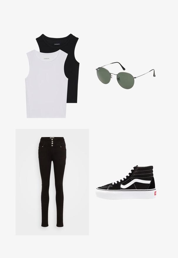 Divas bez piedurknēm melnbaltā krāsā, izgatavotas no ribotu kokvilnas, ar apaļām kakla izgriezumiem un pieguļošu dizainu. Uz abām ir redzami etiķetes.; Melni džinsi ar augsto jostasvietu, piecu pogu priekšējo aizdari un četriem kabatām, izgatavoti no elastīgas denima auduma ērtībai.; Melnas augstās kedas ar baltām šņorēm, baltu logo un kontrastējošu baltu dūrienu. Iemīlda bieza balta zole un teksturēts zamšāda augšdaļa.; Metāla rāmji saulesbrillēm ar ovālām zaļām lēcām. Tievs sudraba metal rāmji un melni ausu spilventiņi. Minimalistiska dizaina, bez redzamām apzīmējumiem.