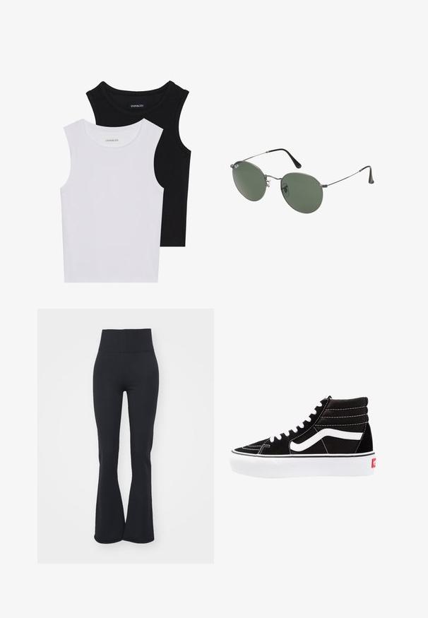 Duas blusas sem mangas em preto e branco, feitas de algodão canelado, com decotes redondos e um design ajustado. Etiquetas visíveis em ambas.; Leggings pretos de bainhas largas feitos de um tecido elástico, com uma cintura alta elástica, textura suave e sem padrões ou acessórios visíveis.; Tênis altos pretos com cadarços brancos, um logo branco e costuras brancas contrastantes. Apresenta uma sola branca grossa e um cabedal em camurça texturizada.; Óculos de sol com armação metálica e lentes verdes ovais. Armação fina em metal prateado e pontas das orelhas pretas. Design minimalista, sem logótipos visíveis.
