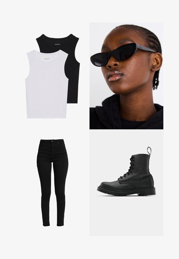 To stribede toppe i sort og hvid, lavet af ribbet bomuld, med runde halsudskæringer og en tætsiddende pasform. Etiketter synlige på begge.; Sorte høj talje skinny jeans lavet af stræk denim, med en foran knap, lynlåsåbning og fem lommer for funktionalitet.; Sort læder kampstøvle med rund tå, snørebånd foran og en løkke ved anklen. Har en tyk gummisål for holdbarhed.; Sorte cat-eye solbriller med mat finish, der har et strømlinet design og bløde kurver, sat mod en models mørke tøj.
