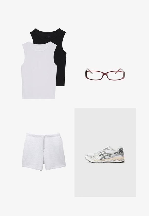 Två ärmlösa toppar i svart och vitt, tillverkade av ribbat bomull, med rund halsringning och en figurpassande design. Etiketter synliga på båda.; Ljust grå bomullsshorts med elastisk midjeband och dragsko. Har en mjuk texture och rakt snitt utan synliga mönster.; Vit sportskor med silver- och svarta accenter, nätövre, texturerad design, vadderad sula och ett flexibelt mönster på sulan.; Röda rektangulära glasögon med en elegant design. Klara linser, något genomskinliga skalmar och en gradienteffekt från röd till grå.; Svart, avslappnad handväska tillverkad av mjukt material, med dragsko-stängning och två axelremmar, hålls av en person som bär en röd klänning.; En stapel med två ringar; den översta är bärnstenfärgad med virvlar, och den nedersta är ljusbeige; båda är släta och glansiga i resin.