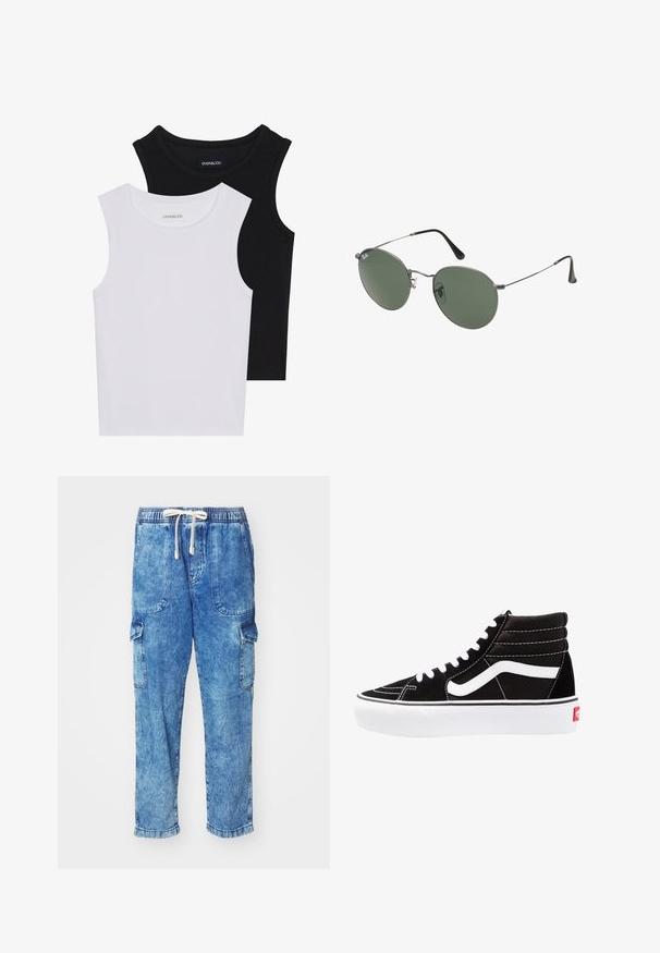 Du kamščių be rankovių juodos ir baltos spalvų, pagaminti iš banguoto medvilnės, su apvaliais kaklo iškirpimais ir priglundančiu siluetu. Matomi etiketės abiejuose.; Šviesiai mėlyni džinsiniai cargo tipo kelnių su elastinga juosmens dalimi, raišteliu ir dviem šoninėmis kišenėmis. Kairėje kojoje yra viena cargo tipo kišenė.; Juodi aukšti sportbačiai su baltais raišteliais, baltu logotipu ir kontrastinga balta siuvinėta. Turi storą baltą padas ir tekstūruotą zomšos viršutinę dalį.; Metaliniai akiniai su ovaliais žaliais lęšiais. Plonas sidabro spalvos metalinis rėmas ir juodi ausų laikikliai. Minimalistinis dizainas, be matomų logotipų.