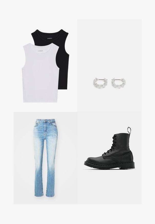 Kaks lühikeste varrukateta toppi mustas ja valges, valmistatud ribakudumist, ümarate kaelustega ja sobiva disainiga. Mõlemal on nähtavad sildid.; Heledad sinised teksad kõrge vöökoha ja sirge sääre disainiga, kerge kulumisega ja klassikalise viie taskuga stiilis. On nähtavad kulumisaktsendid.; Mustad mustavi combat kingad ümmarguse varbaga, paeltega esiosa ja säärel tõmbeaas. Omab paksu kummist tallat, mis tagab vastupidavuse.; Hõbedased rõngakõrvarõngad, millel on selged, ristkülikukujulised ja kolmnurkse kujuga kristallid, mis on paigutatud mustriga disaini. Kõrvarõngaid kinnitavad postid, et tagada kindel kinnitamine.