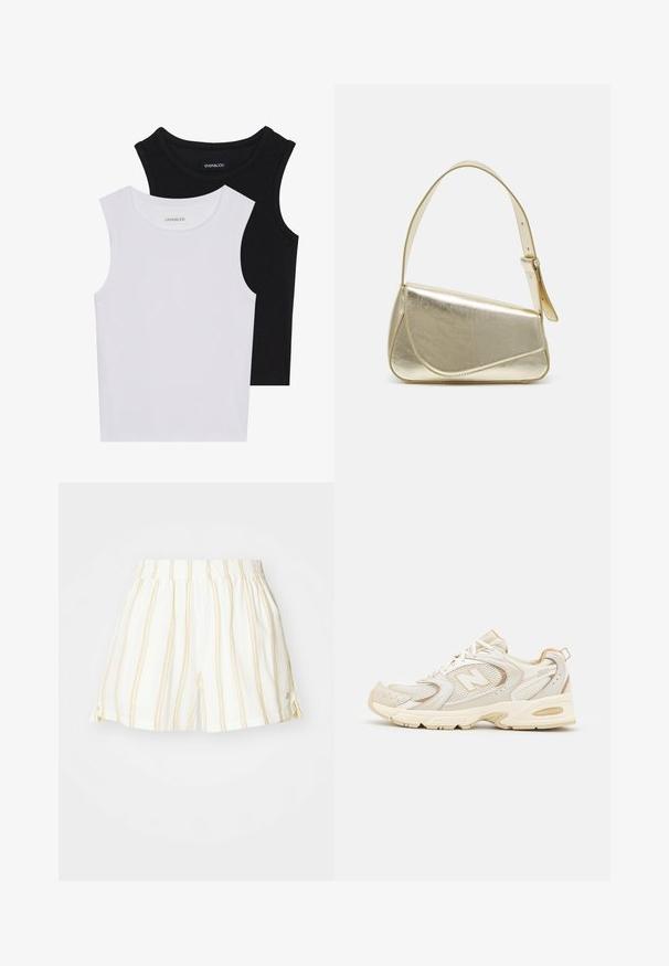 Du kamščių be rankovių juodos ir baltos spalvų, pagaminti iš banguoto medvilnės, su apvaliais kaklo iškirpimais ir priglundančiu siluetu. Matomi etiketės abiejuose.; Balti šortai su plonomis geltonomis vertikaliomis juostelėmis, elastinga juosmens juosta ir šoninėmis skeltomis. Pagaminti iš lengvos, kvėpuojančios medžiagos.; Beigi sportiniai bateliai su tinkleliu ir sintetinėmis detalėmis, turintys tekstūruotą paviršių, paminkštintą apykaklę ir "ABZORB" amortizaciją kulno srityje.; Aukso metalinės rankinės su struktūrizuotu dizainu, lygaus paviršiaus ir reguliuojama dirželiu. Pasižymi unikaliu trikampiu pavidalu ir minimalizmu siuvinėjime.