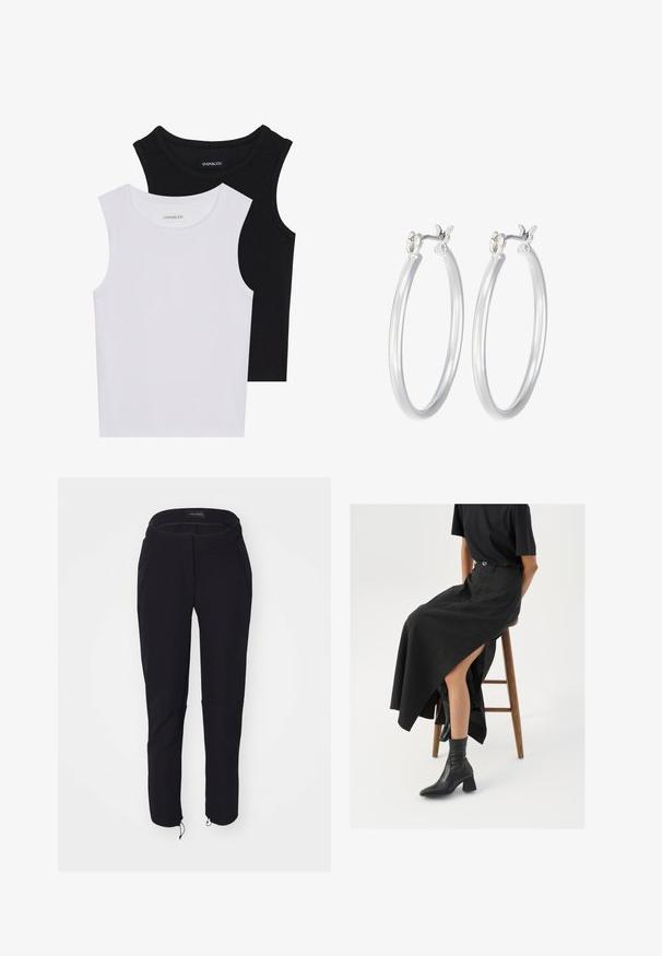 Two sleeveless tops in black and white, made of ribbed cotton, featuring round necklines and a fitted design. Labels visible on both.; Black pants with a smooth texture, featuring a fitted design, elastic waistband, two pockets, and adjustable cuffs with drawstrings.; Black linen maxi skirt with a high slit, worn with a black t-shirt and black ankle boots. Minimalistic design with a relaxed fit.; Silver hoop earrings with a smooth, polished finish. Round shape and secure click-top closure. Lightweight design suitable for everyday wear.