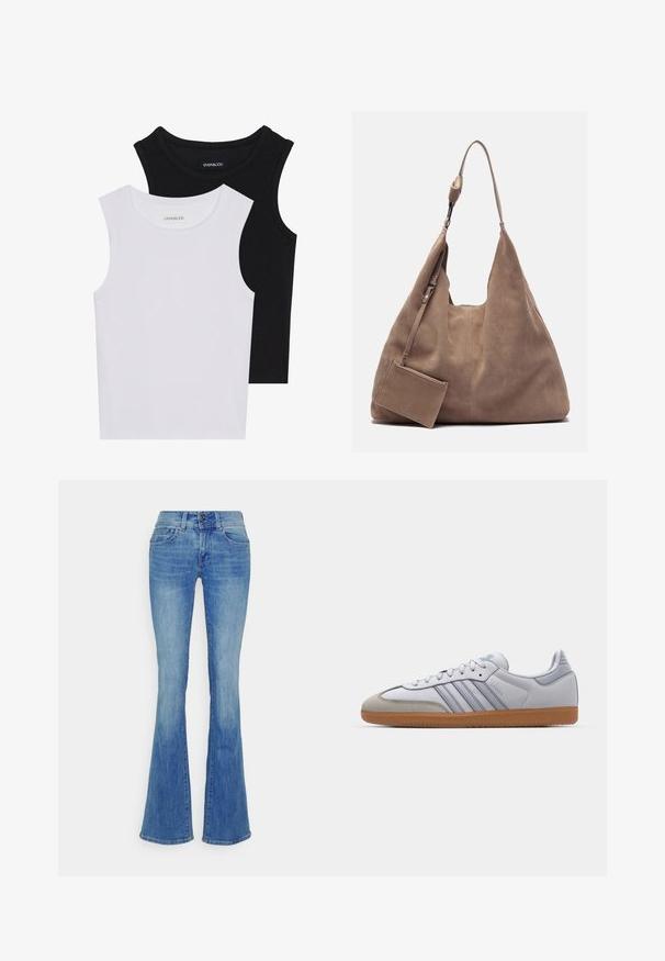 Duas blusas sem mangas em preto e branco, feitas de algodão canelado, com decotes redondos e um design ajustado. Etiquetas visíveis em ambas.; Calças de ganga azul claro em corte flare; apresentam um design de cinco bolsos, fecho frontal com botão e desvanecimentos subtis ao longo das coxas.; Sapatilhas brancas em couro com detalhes em azul claro, biqueira em camurça cinza e sola em borracha castanha. Apresenta três riscas azuis e a marca "Samba".; Zign LEATHER - Saco de mão - light brown