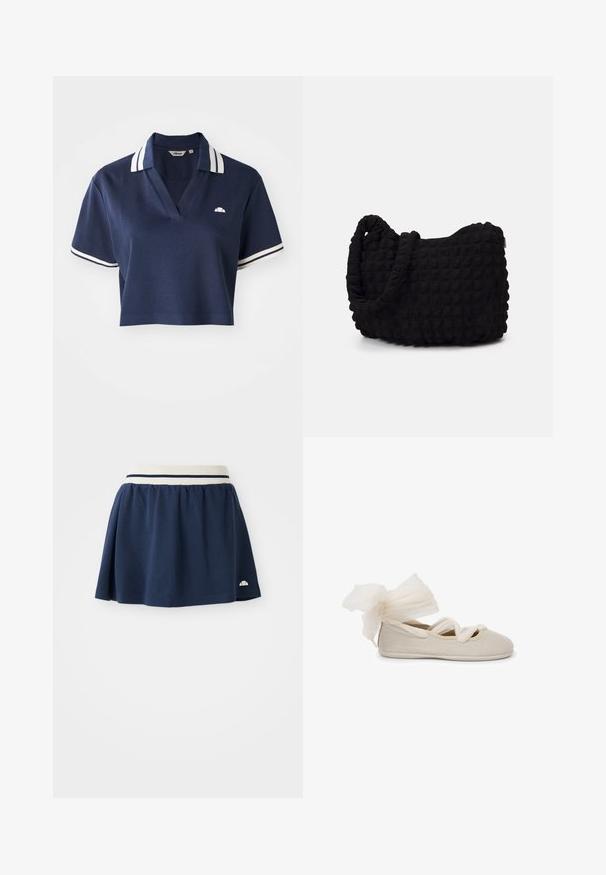 Marineblauwe cropped polo met een V-hals, witte gestreepte kraag en korte mouwen, voorzien van een klein logo op de linkerborst.; Marineblauwe rok van zachte stof met een witte elastische tailleband met twee marineblauwe strepen en een klein logo op de onderste zoom.; Beige ballet flats met een gestructureerde afwerking, voorzien van een stijlvolle strik van doorschijnende stof bij de hiel en geweven kruisbandjes over de bovenkant.; Zwarte stoffen tas met een gestructureerd, gewatteerd patroon. Rondvormig, korte, dikke handvatten en een zachte, flexibele structuur.