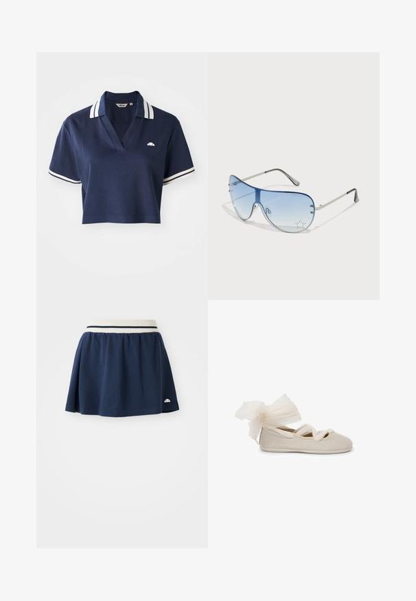 Navy blue cropped polo shirt with a V-neck, white striped collar, and short sleeves, featuring a small logo on the left chest.; Navy blue skirt made of soft fabric with a white elastic waistband featuring two navy stripes and a small logo on the lower hem.; Beige ballet flat with a textured finish, featuring a stylish bow made of sheer fabric at the heel and woven cross straps across the top.; Aviator sunglasses featuring a gradient blue lens, silver metal frame, and decorative star accents on the lens. Smooth and sleek design.