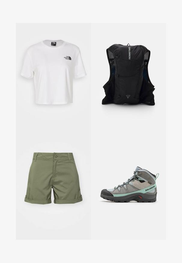 Fehér, pamutból készült, rövid ujjú, kerek nyakú cropped póló. A bal mellen fekete logó található.; Olívazöld rövidnadrág könnyű anyagból, gombos záródással, feltekert szegéllyel, valamint elülső és hátsó zsebekkel. Sima textúra.; Szürke túrabakancs, texturált bőr és hálós felső résszel, fekete gumitalppal és menta zöld részletekkel. Párnázott talppal és fűzős rendszerrel rendelkezik.; Fekete futókalap, hálós oldalzsebekkel, fényvisszaverő részletekkel és első cipzáras zsebbel. Könnyű anyag, amely a kényelmet és a légáteresztő képességet szolgálja.