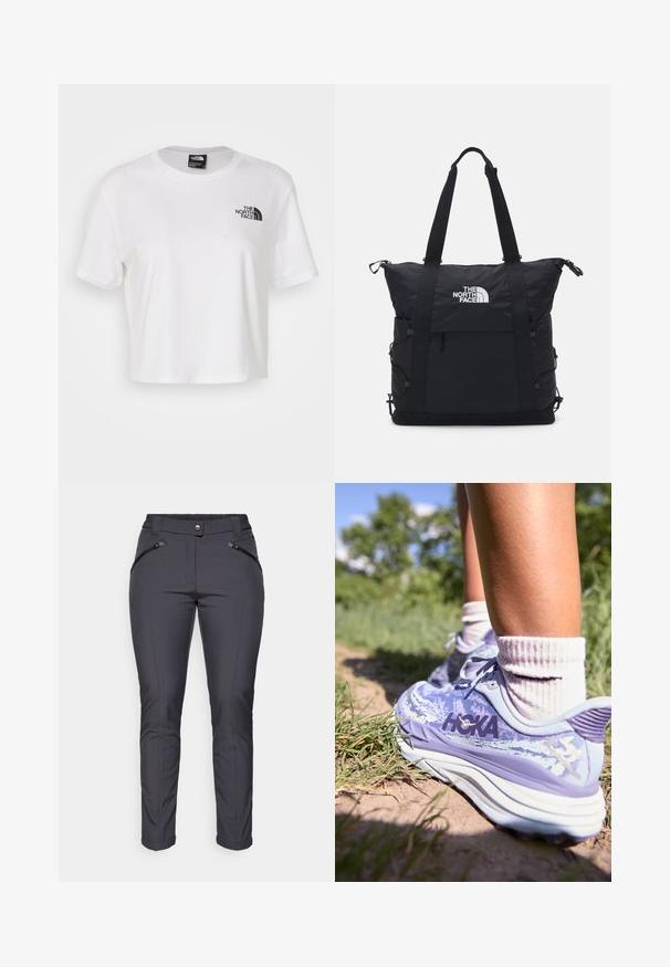 White cropped t-shirt made of cotton with a round neckline and short sleeves. Features a black logo on the left chest.; Gray stretch pants with a slim fit, featuring two zippered side pockets and a button closure. Smooth texture and tapered legs.; HOKA STINSON 7 - Trail running shoes - cosmic sky/meteor; Black tote bag with a padded design, top zipper closure, dual short straps, and logo on the front; features side pockets and adjustable straps.