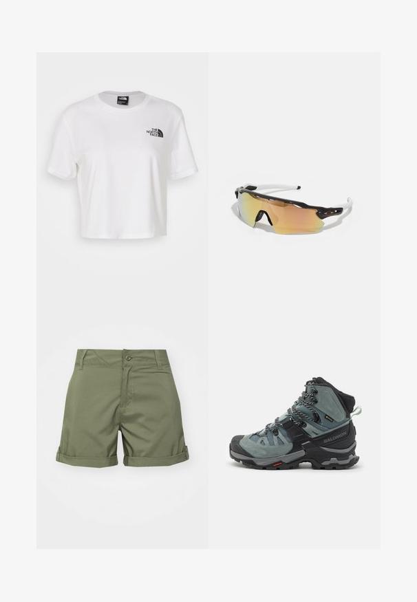 Valkoinen lyhythihainen puuvillapaita, jossa on pyöreä kaula-aukko ja lyhyet hihat. Paidassa on musta logo vasemmassa rinnassa.; Vaalean oliivinvihreät shortsit, jotka on valmistettu kevyestä kankaasta. Niissä on nappikiinnitys, käännetyt lahkeet sekä etu- ja takataskut. Tasainen pinta.; Korkea vaelluskengät harmaa-sinisenä, mokkanahasta ja verkosta valmistettu päällinen, jossa on mustia yksityiskohtia, solmitut nauhat ja kestävä pohja pidon parantamiseksi.; Auringonlaskulasit, joissa on musta-valkoinen kehys, isot peilipinnat kultaisina ja vaaleanpunaisina sävyinä, aerodynaaminen muotoilu ja pidennetty ulkorimma.