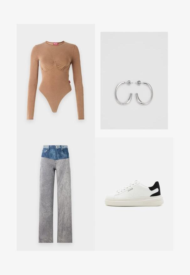 Brązowy długi rękaw bodysuit z okrągłym dekoltem i marszczonym biustem. Wykonany z gładkiego materiału, ma stringi i małą metkę z logo.; Jeansy z wysokim, jasnoniebieskim pasem, przechodzącym w pomarszczone szare nogawki. Posiadają standardowe kieszenie i zapięcia na guziki.; Białe skórzane sneakersy z grubą białą podeszwą, czarnym zamszowym akcentem na pięcie oraz wytłoczonym logotypem z boku. Projekt z sznurówkami i sześcioma dziurkami.; Srebrne kolczyki na biglu o gładkim, błyszczącym wykończeniu. O zaokrąglonym kształcie, lekkim designie, z zamknięciem na zatrzask.