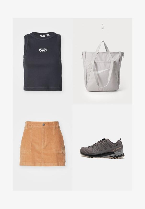 Top corto nero a costine con scollatura rotonda e design senza maniche. Presenta un logo bianco centrato sul petto. Texture liscia.; Gonna mini in corduroy color marrone chiaro, con vita alta, tasche frontali e una texture liscia con righe verticali.; Scarpa da esterno grigia con tomaia in rete e sintetico, collare imbottito e suola testurizzata con scanalature profonde per una migliore aderenza. Sistema di allacciatura regolabile.; Borsa tote grigia con manici rinforzati, tasca frontale con zip e logo Swoosh bianco di Nike. Realizzata in tessuto resistente con una texture liscia.