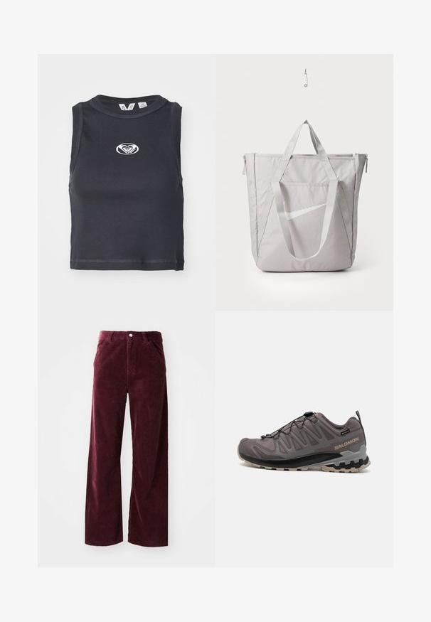 Mustat ribbikankaiset lyhyet topit, joissa on pyöreä kaula-aukko ja hihattomuus. Keskellä rintaa on valkoinen logo. Silkkinen rakenne.; Burgundy corduroy-housut, joissa on leveä lahjesuunnittelu, edessä taskut, nappisulkiminen ja ribatoitu pinta kauttaaltaan.; Housut harmaat ulkoilujalkineet, joissa on verkko- ja synteettinen yläosa, pehmustettu nilkkaosa ja kuvioitu pohja syvillä urilla pidon parantamiseksi. Säädettävä nauhaku süsteemi.; Harmaa kassi vahvistetuilla kahvoilla, etupuolella vetoketjullinen tasku ja valkoinen Nike-swoosh-logo. Valmistettu kestävästä kankaasta, jossa on sileä rakenne.
