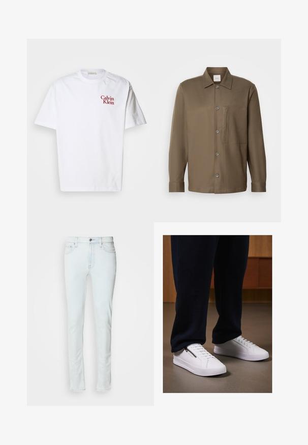 Valge puuvillane T-särk, millel on ümar kaelus, lühikesed varrukad ja punane tikand "Calvin Klein" logo rinnal.; Pruun nööbiga särk, millel on krae, pikad varrukad, rinna tasku ja sile tekstuur. Ees on hallid nupud.; Heledad sinine teksariidest püksid otse lõikega, viie taskuga ja eesnööbiga sulgemine. Omab peent õmblustööd ja klassikalist istuvust.; Valged tennisetooted sileda nahapinnaga, tasase tallaga ja nööridega disainiga. Küljel asuv tõmblukk lisab funktsionaalsust. Kombineeritud tumedate spordipükste jao.