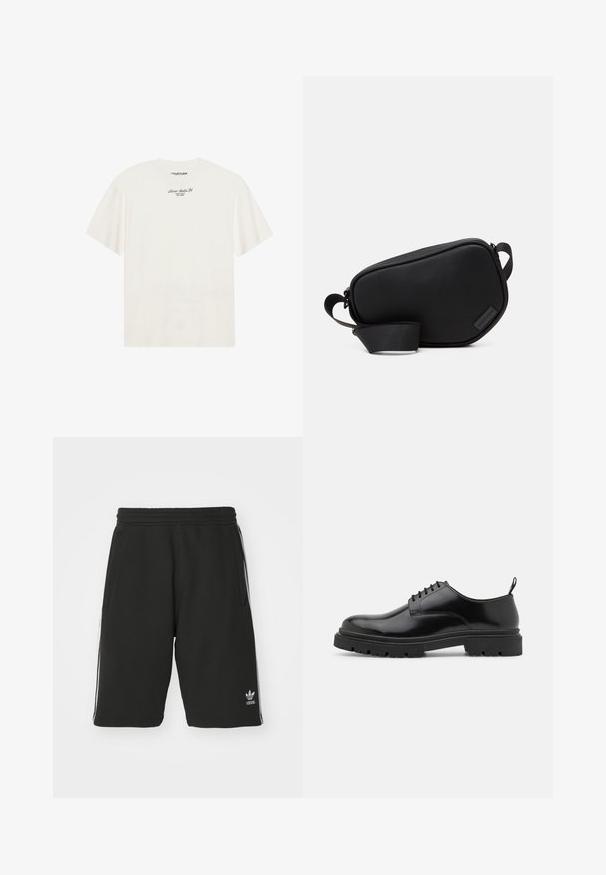 Εκρού βαμβακερό μπλουζάκι με κοντά μανίκια και χαλαρή εφαρμογή. Διαθέτει μικρό μαύρο λογότυπο κειμένου στο στήθος. Απαλή υφή.; Μαύρες σορτς από μείγμα βαμβακερού υλικού με ελαστική μέση, που διαθέτουν λευκές λωρίδες στο πλάι και ένα μικρό λογότυπο στην κάτω αριστερή πλευρά.; Μαύρα δερμάτινα παπούτσια με κορδόνια, στρογγυλή μύτη, λεία υφή και ραβδωτή καουτσούκ σόλα. Διαθέτει μικρό τακούνι και θηλιά στο πίσω μέρος.; Μαύρη, τσάντα ώμου με φερμουάρ, κατασκευασμένη από λείο υλικό, με επίπεδη σχήμα, μία μόνο λωρίδα και μία μικρή λογότυπο λεπτομέρεια. Μινιμαλιστικός σχεδιασμός.