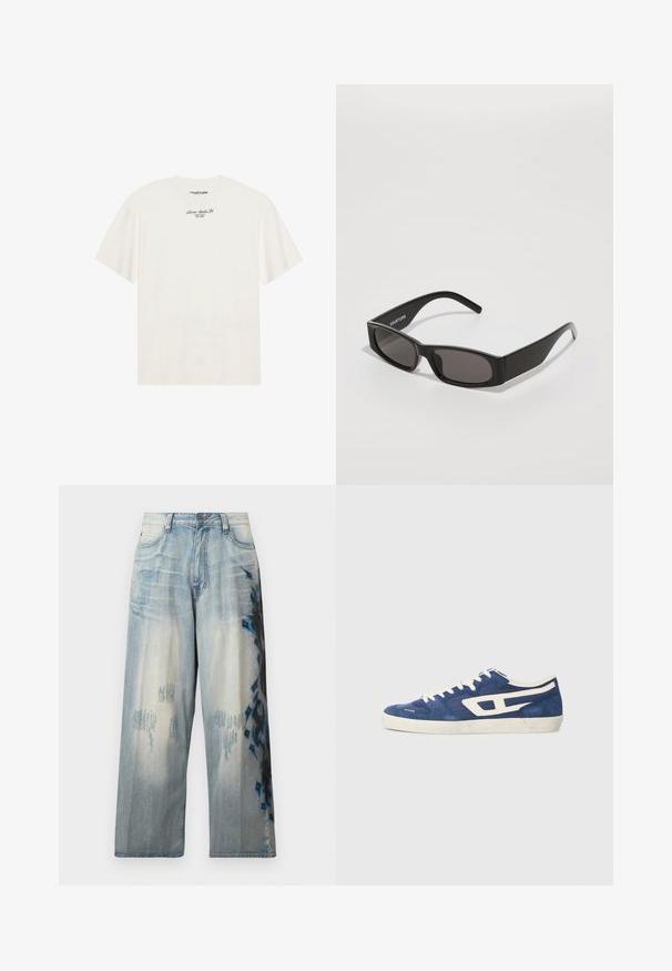 T-shirt in cotone color avorio con maniche corte e vestibilità rilassata. Presenta un piccolo logo in testo nero sul petto. Tessuto morbido.; Jeans in denim azzurro chiaro a gamba larga con un design strappato e motivi astratti neri e blu su un lato. Stile classico a cinque tasche.; Sneakers in suede blu con dettagli bianchi, caratterizzati da un design basso, chiusura con lacci e suola in gomma testurizzata.; Occhiali da sole rettangolari neri con lenti scure, montatura in plastica liscia e un logo sottile sul braccio sinistro. Design minimalista.