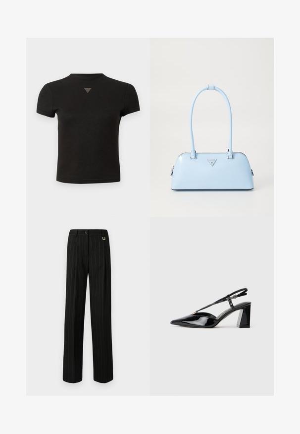 Kort svart cropped t-skjorte med en liten trekantet nagledetalj i midten foran nær halsen.; Sorte pinstripede bukser med brede ben, utstyrt med beltestropper, knappelukking og et teksturert stoff. Pyntet med diskret gullhardware.; Sorte lakkormede slingback høye hæler med spiss tå, justerbar stropp og kraftig rektangulær hæl.; Lyseblå veske med strukturert form, glatt skinnmateriale, to håndtak og en trekantet merkevarelogo på fronten. Glidelås-lukking.