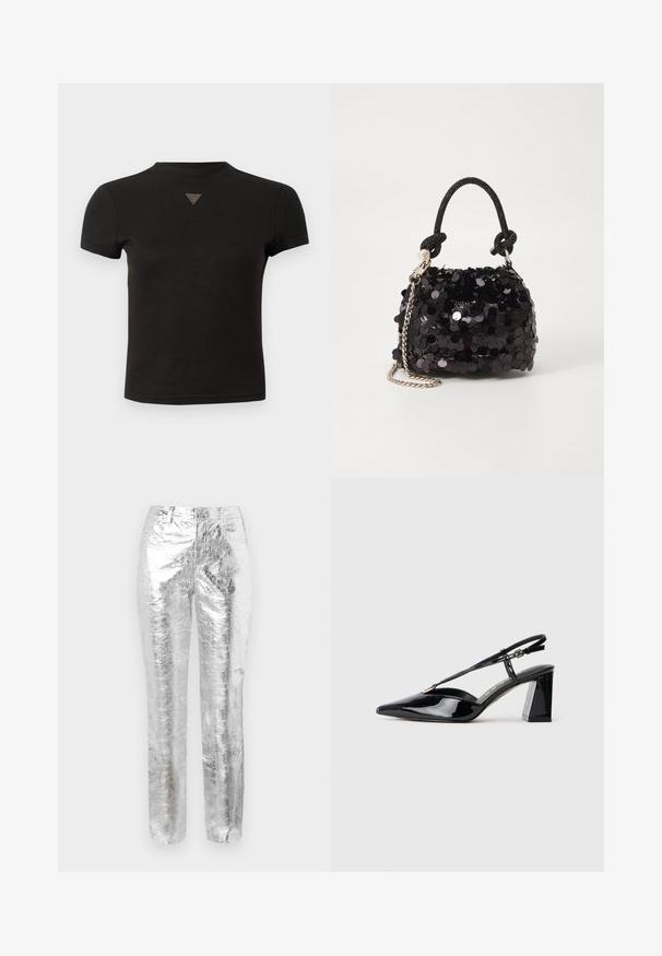 Kratka črna majica s kratkimi rokavi z majhnim trikotovim studenčnim detajlom na sprednji strani blizu ovratnika.; Srebrne, kovinske hlače z gubasto teksturo. Dizajn ravnih hlač, sprednji žepi in zadrga. Gladka in odsevna površina.; Črne lakirane slingback visoke pete z ostrim nosom, nastavljivim trakcem in debelim pravokotnim peto.; Črna mini torbica s palčkami iz bleščic, z vozlanim teksturiranim trakom in srebrnima verigama. Okrogla oblika z nabranim vrhom in odsevnimi detajli.; Trije kovinski prstani: eden rožnato zlati, eden zlat z teksturiranimi detajli in eden srebrn, vsi z vgraviranim logotipom na notranji strani.