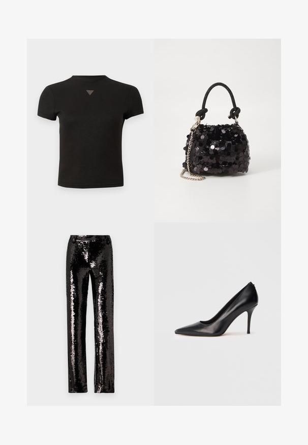 Kurzes schwarzes Cropped-T-Shirt mit einem kleinen, dreieckigen Nieten-Detail an der Vorderseite in der Nähe des Ausschnitts.; Schwarze Paillettenhose mit geradem Bein, die eine glänzende Textur und eine schimmernde Oberfläche aufweist, die das Licht reflektiert. Keine sichtbaren Verschlüsse.; Schwarzer, hochhackiger Lederpumps mit spitzer Schuhspitze, glatter Textur und elegantem Design. Verfügt über einen schlanken, erhöhten Absatz und eine tief ausgeschnittene Vorderseite.; Schwarze Pailletten-Mini-Handtasche mit einem geknoteten, strukturierten Tragegurt und einer silbernen Kette. Abgerundete Form mit gerafftem oberen Teil und reflektierenden Details.