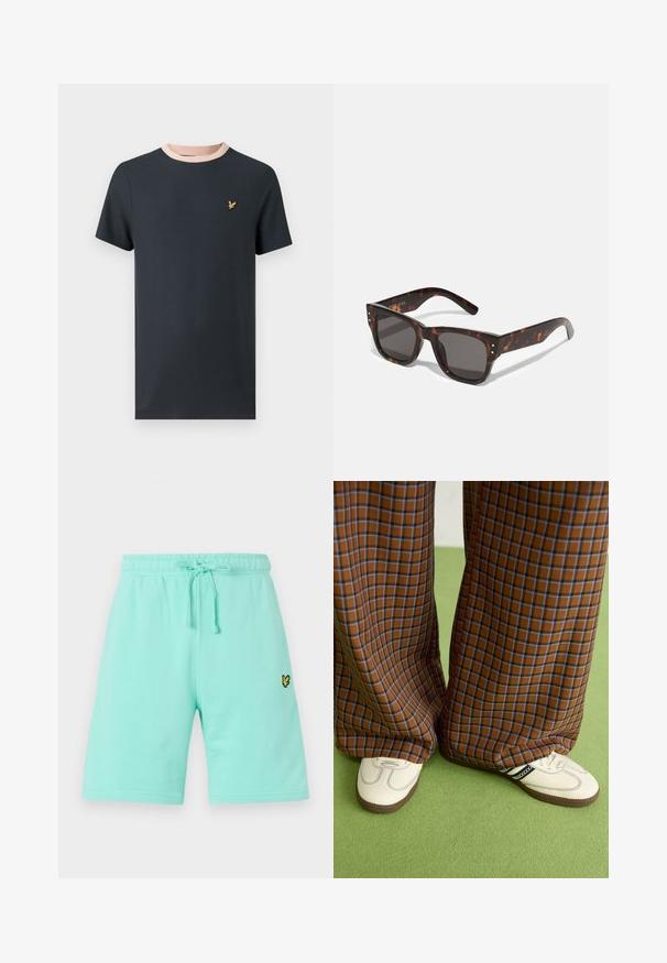Mørk marineblå T-skjorte med kort erme, kontrasterende lys rosa ribbestrikket krage og et lite gullemblem på brystet. Mykt bomullsmateriale.; Lyse mintgrønne bomullsshorts med elastisk midje og justerbar snor, med en liten svart og gul logo foran.; Brune og blå rutete vide bukser sammen med hvite sko med svarte detaljer og teksturerte såler, satt mot en grønn bakgrunn.; Skilpaddeskjell-solbriller med mørke linser, firkantet ramme og sølvfargede nagler på fronten. Laget av plast, lett og holdbar.