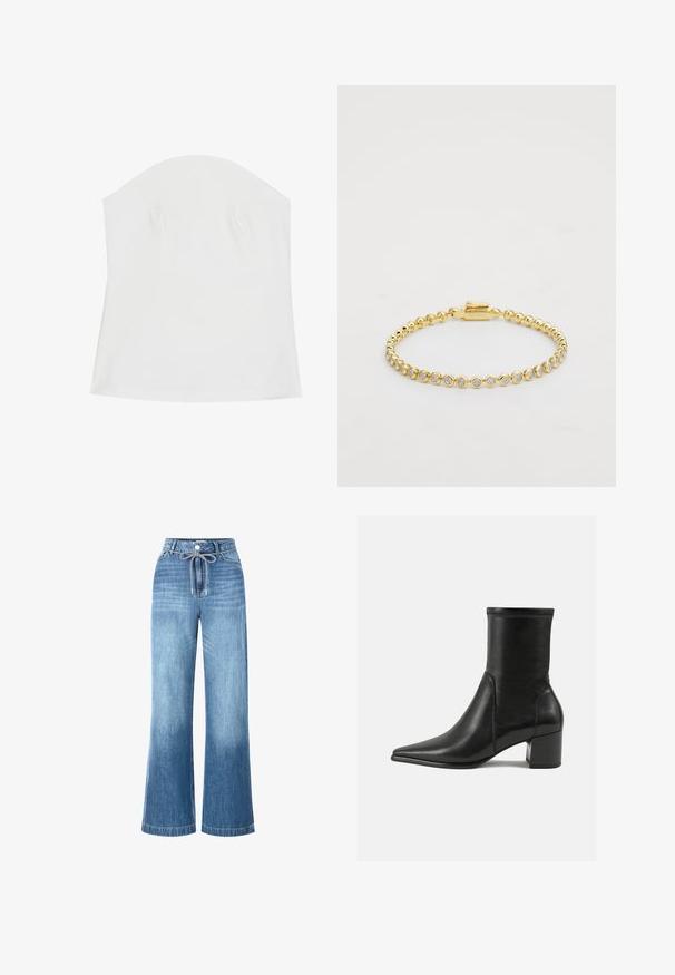 Valkoinen olkaimeton paita, joka on valmistettu pehmeästä kankaasta. Paitassa on sileä pinta, tiukka malli ja hienovaraiset uurteet rintojen kohdalla.; Siniset leveälahkeiset farkut, joissa on sidottava naru vyötäröllä, viisi taskua ja haalistunut pinta, jossa on hienovaraisia kulumajälkiä.; Mustat nilkkurit, jotka on valmistettu sileästä nahasta, kärjessä on terävä muoto, paksu korko ja selkeästi kohoavat ompeleet yläreunassa.; Kultaketju, jossa on pyöreitä kirkaita strasseja tasaisessa kuviossa, ja yksi puoli on varustettu koukku- tai snap-lukolla. Tasainen pinta ja kiiltävä viimeistely.