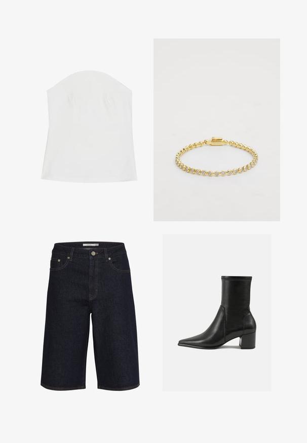 Valkoinen olkaimeton paita, joka on valmistettu pehmeästä kankaasta. Paitassa on sileä pinta, tiukka malli ja hienovaraiset uurteet rintojen kohdalla.; Tummat farkkushortsit, joissa on keskipitkä vyötärö, suora leikkaus ja kontrastiväriset oranssit ompeleet. Mukana etutaskut ja nappikiinnitys.; Mustat nilkkurit, jotka on valmistettu sileästä nahasta, kärjessä on terävä muoto, paksu korko ja selkeästi kohoavat ompeleet yläreunassa.; Kultaketju, jossa on pyöreitä kirkaita strasseja tasaisessa kuviossa, ja yksi puoli on varustettu koukku- tai snap-lukolla. Tasainen pinta ja kiiltävä viimeistely.