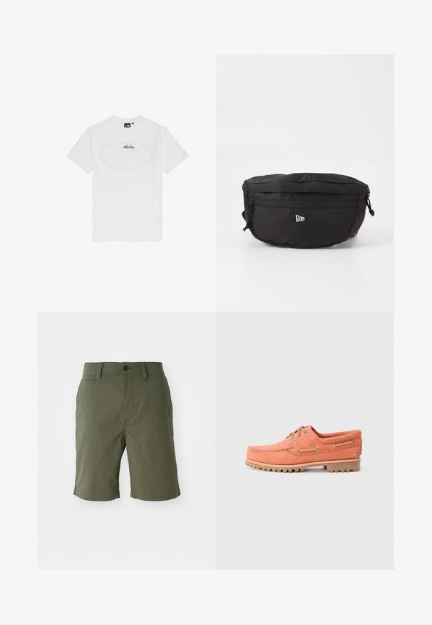 T-shirt bianca in cotone con maniche corte. Presenta una grafica ovale centrale con il testo "New Era" in blu scuro. Taglio semplice e classico.; Bermuda verde oliva realizzata in tessuto leggero, con frontale piatto, due tasche laterali, una tasca posteriore e chiusura con bottone.; Scarpa da barca in pelle arancione con design stile mocassino, punta tondeggiante, lacci marroni e suola in gomma con scanalature per la trazione.; Marsupio nero realizzato in nylon; dotato di una tasca con zip frontale, strap regolabile e una patch con logo. Forma arrotondata con una texture liscia.