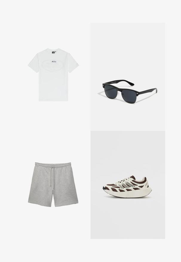 T-shirt en coton blanc à manches courtes. Présente un graphique ovale central avec le texte "New Era" en bleu foncé. Coupe simple et classique.; Shorts en coton gris avec une taille élastique et un cordon de serrage, dotés de deux poches latérales et d'une finition douce et texturée.; Baskets marron et crème avec une tige en maille, des superpositions texturées et une semelle blanche épaisse et arrondie. Comprend une languette basse et des lacets.; Lunettes de soleil noires de forme rectangulaire, verres foncés, accents argentés aux tempes et finition mate sur la monture.