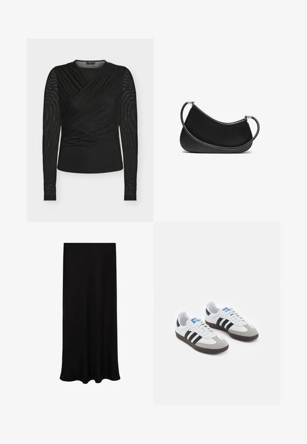 Svart långärmad topp med omlott-design, med en slät kropp och texturerade mesh-ärmar, tillverkad av stretchbar tyg.; Svart maxiklänning, tillverkad av mjukt, stretchigt material. Har en rak skärning och en slät, sömlös midjeaxel. Lång längd ner till golvet.; Sportskor med överdel i vit läder, grå mocka på tårna och tre svarta ränder. Har en blå logotyp på tungan och en texturerad gummisula.; Svart läder axelväska med en böjd design, utrustad med ett texturerat band och detaljer i guldton vid den övre stängningen. Slät yta.; Guldfärgade örhängen med en organisk, bönformad form och en slät, reflekterande yta; har en minimalistisk design utan synlig hårdvara.