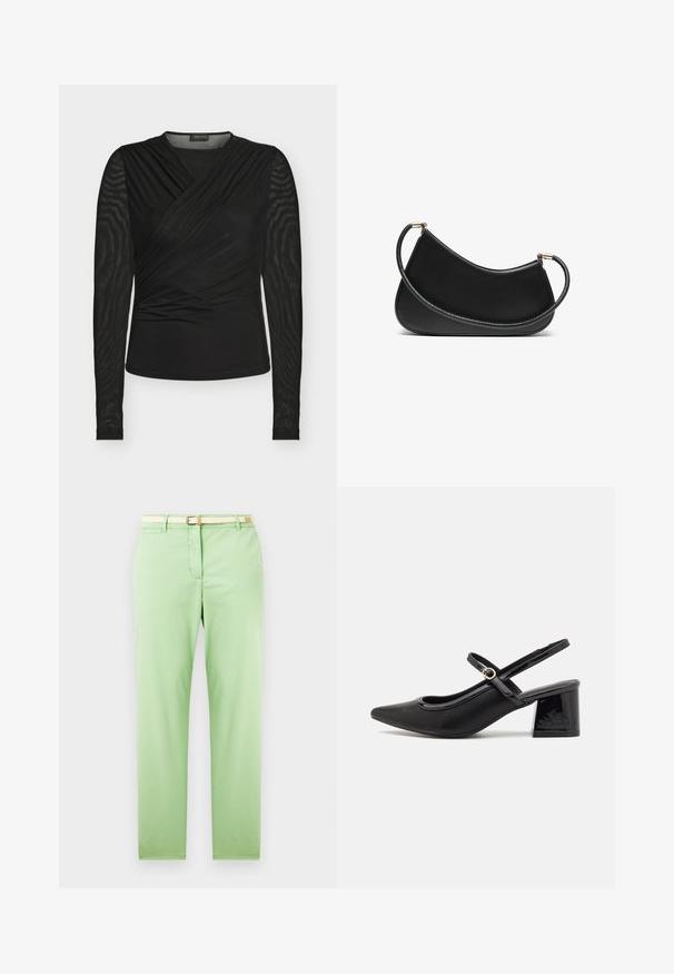 Top preto de manga comprida com design cruzado, apresentando corpo liso e mangas de malha texturizada, feito de tecido elástico.; Calças de algodão verdes claras com um corte reto, apresentando um cinto bege tecido, bolso frontal e sem padrões ou embelezamentos visíveis.; Sabrinas de cerâmica preta com salto bloco, bico apontado e um design com recortes arredondados. Apresenta um detalhe em fivela de tom dourado.; Bolsa de ombro em couro preto com um design curvo, apresentando uma alça texturizada e detalhes em dourado no fecho superior. Acabamento suave.