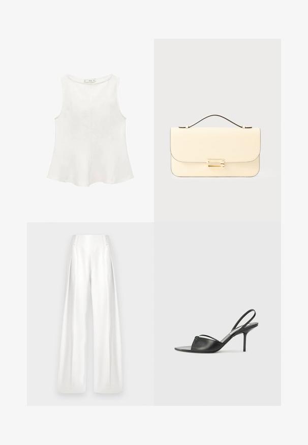 Top bianco senza maniche con scollatura rotonda, orlo a campana e cuciture verticali sottili. Realizzato in materiale leggero e liscio.; Pantaloni bianchi a gamba larga con vita alta, dotati di due tasche frontali e realizzati in un tessuto morbido e liscio. Design pulito e sartoriale con pieghe sottili.; Tacchi slingback in pelle nera con punta affusolata, sottile cinturino alla caviglia e tacco a spillo. Presenta un dettaglio annodato sulla tomaia.; Borsa in pelle color crema con manico superiore e chiusura rettangolare in tonalità dorata su uno sfondo chiaro e semplice.