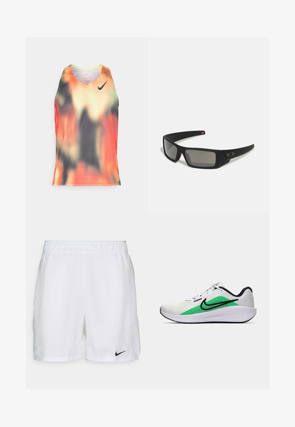Férfi ujjatlan póló, könnyű hálós anyagban narancssárga, fekete és szürke absztrakt mintázatban; tartalmazza a Nike logóját és perforált textúrát.; Fehér sportnadrág elasztikus derékkal, a bal alsó oldalon fekete Nike swoosh logóval. Simának tűnő anyag, minták nélkül.; Fehér sportcipő zöld akcentussal, fekete logóval, hálós felsőrésszel, párnázott talppal és kerek sarkú kialakítással. Felszereltségében fűzők és kontrasztos részletek találhatók.; Fekete napszemüveg matt felülettel, téglalap alakú lencsékkel, enyhe ívvel a templomokon, diszkrét logó részlettel és füstszínű lencsékkel.