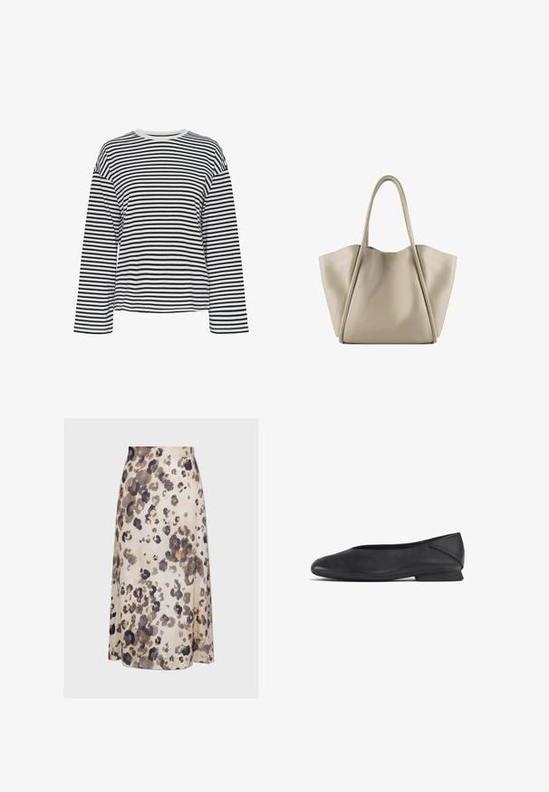Camisa de manga larga a rayas en blanco y negro con cuello redondo. Tejido suave, corte relajado y acentos de cuello en contraste.; Falda de leopardo en tonos beige, marrón y negro; elaborada con una tela suave, con un diseño recto y fluido y un ligero brillo.; Zapato plano de cuero negro con punta redonda y tacón bajo, diseñado para uso casual o formal.; Bolsa tote de cuero beige con un diseño espacioso y estructurado. Presenta dos asas largas y detalles de costura sutiles; sin herrajes visibles.