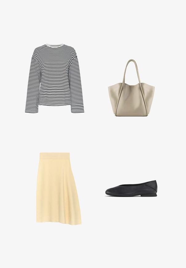 Maglietta a maniche lunghe a righe bianche e nere con scollo a giro. Tessuto morbido, vestibilità comoda e dettagli a contrasto sul colletto.; Gonna midi color crema con orlo asimmetrico e vita aderente, realizzata in tessuto morbido e liscio.; Scarpa piatta nera in pelle con punta arrotondata e tacco basso, progettata per un uso casual o formale.; Borsa tote in pelle beige con un design spazioso e strutturato. Presenta due manici lunghi e cuciture sottili; senza hardware visibile.