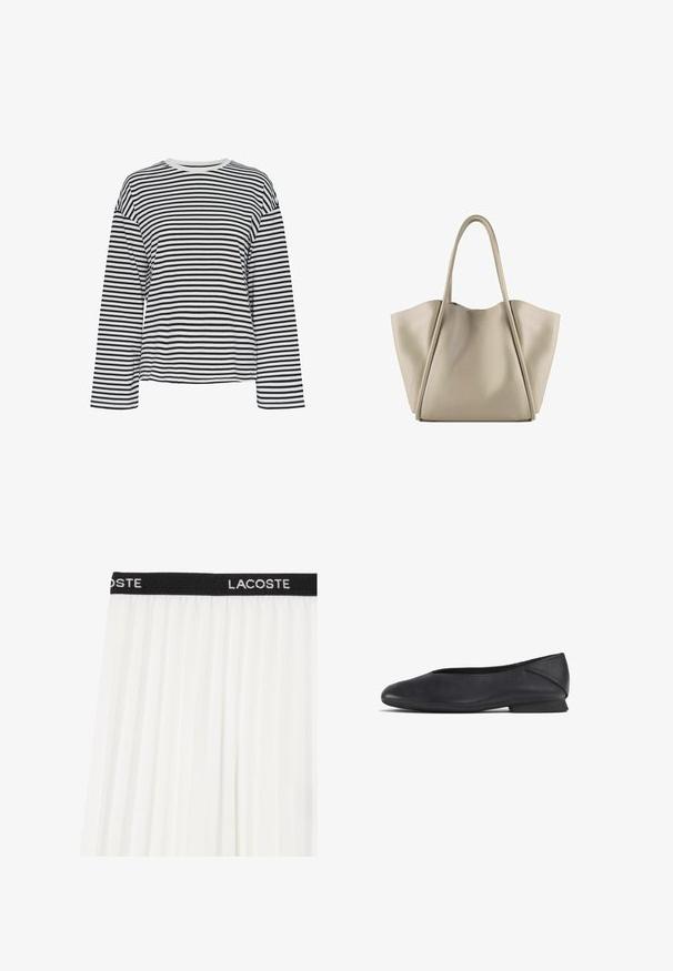 Vyžaduje sa čierno-biele pruhované dlhé rukávy s okrúhlym výstrihom. Mäkkučká tkanina, voľný strih a kontrastné akcenty na výstrihu.; Biela plisovaná sukňa s čiernym pásom, na ktorom je vyšívané "LACOSTE" bielou farbou. Ľahký, plynulý materiál s hladkou textúrou.; Čierna kožená plochá topánka s okrúhlou špičkou a nízkym podpätkom, navrhnutá na príležitostné alebo formálne nosenie.; Béžová kožená nákupná taška s priestranným a štruktúrovaným dizajnom. Obsahuje dve dlhé rúčky a jemné švy; žiadne viditeľné kovové súčasti.