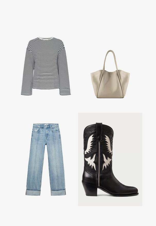 Črna in bela navpična črtasta dolgarokavna majica s krožnim izrezom. Mehka tkanina, sproščen kroj in kontrastni poudarki pri izrezu.; Svijetloplave široke traperice s visokim strukom, koje imaju pet džepova, vidljive šavove i podvrnute rubove kod manžeta.; Črne usnjene kavbojke z belimi oglatimi poudarki, ki vključujejo dekorativno šivanje, napet prst in nizko skladano peto.; Bežna usnjena torba z prostornim in strukturiranim dizajnom. Ima dve dolgi ročaji in subtilne šive; brez vidne opreme.