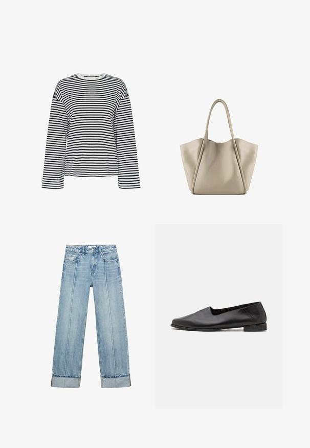Svart och vit randig långärmad skjorta med rundad halsringning. Mjuk tyg, avslappnad passform och kontrasterande halsringningsdetaljer.; Ljusblå denim bredbenta jeans med hög midja, som har fem fickor, synlig sömnad och uppvikt fåll vid mudden.; Svart läder platt sko med en slät yta. Har en låg, rektangulär klack och en rund tå. Enkel design med minimala dekorationer.; Beige läder tote-väska med en rymlig, strukturerad design. Har två långa handtag och subtila sömnadsdetaljer; ingen synlig hårdvara.