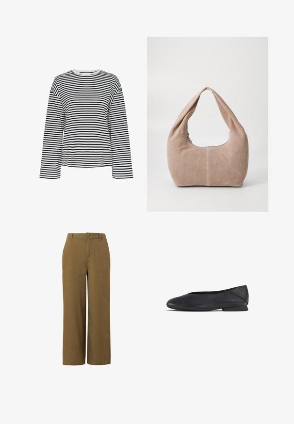 Melnā un baltā svītraina krekla ar garām piedurknēm un apaļu kakla izgriezumu. Mīksta auduma, brīvs piegriezums un kontrastējoši kakla akcenti.; Brūnas platajās bikses, kas izgatavotas no teksturētas kokvilnas maisījuma, ar priekšējo pogu aizdari un standarta vidukļa dizainu.; Melnas ādas plakanas kurpes ar noapaļotu purngalu un zemu papēdi, paredzētas ikdienišķai vai formālai valkāšanai.; Mīksta, zylejota hobo soma gaisā bēšā krāsā. Tam ir noapaļota forma ar platu siksnu un rāvējslēdzēja aizdare.