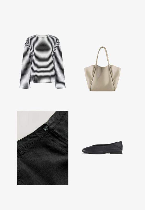 Černobíle pruhované tričko s dlouhým rukávem a kulatým výstřihem. Měkká tkanina, volný střih a kontrastní akcenty kolem výstřihu.; Černé lněné kalhoty s hladkým povrchem, s kulatým knoflíkem a prošívanými detaily na pase a kapsách.; Černé kožené ploché boty s kulatou špičkou a nízkým podpatkem, navržené pro neformální i formální nošení.; Krémová kožená taška přes rameno se prostorným a strukturovaným designem. Obsahuje dvě dlouhé uchopovací rukojeti a jemné švy; bez viditelných kovových prvků.